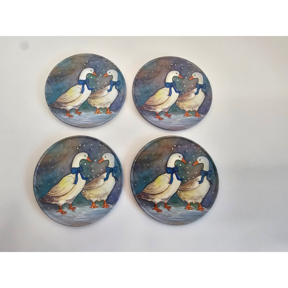 Country Geese Metal Coasters Set of 4 Cork Back Vintage 80s 90s Cottagecore Blue